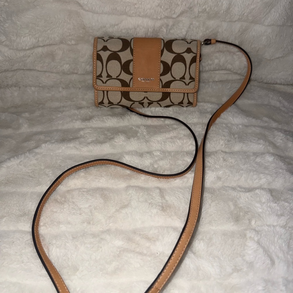 Coach Khaki/Tan Signature Canvas Crossbody Wallet